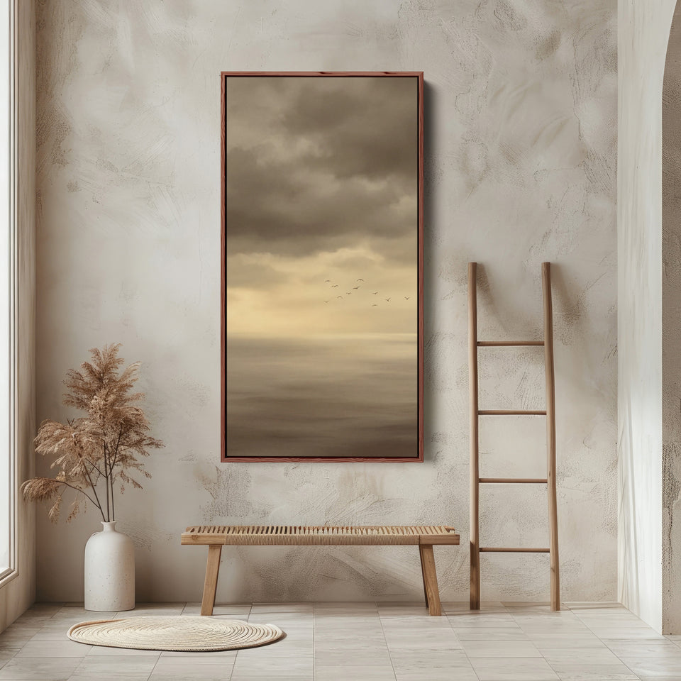Tall Framed Canvas Foggy Seascape With Birds Tall Canvas For Living Room