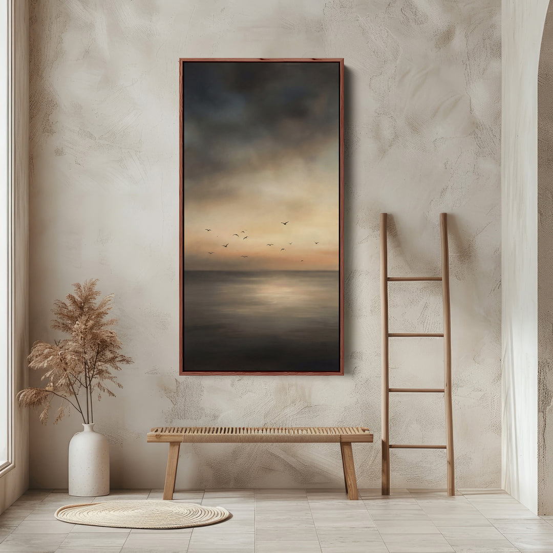Dark Seascape Birds Sunset Long Wall Art Framed Canvas Print For Bedroom