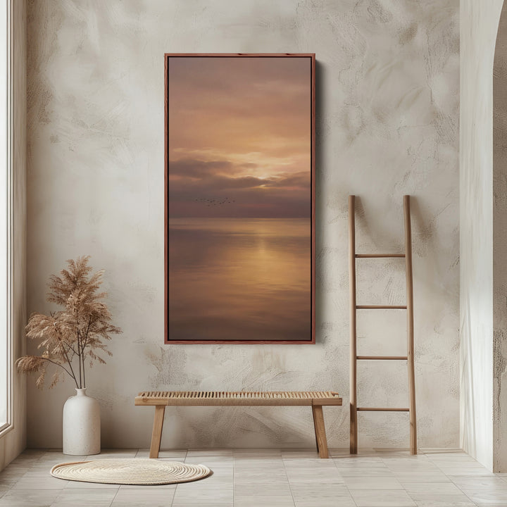 Vertical Wall Art Golden Ocean Sunset Reflection Large Vertical Wall Art For Hallway