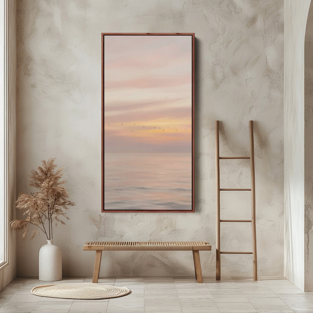 Narrow Wall Art For Office Pastel Seascape With Birds Vertical Canvas