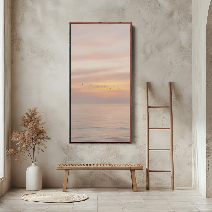 Narrow Wall Art For Office Pastel Seascape With Birds Vertical Canvas