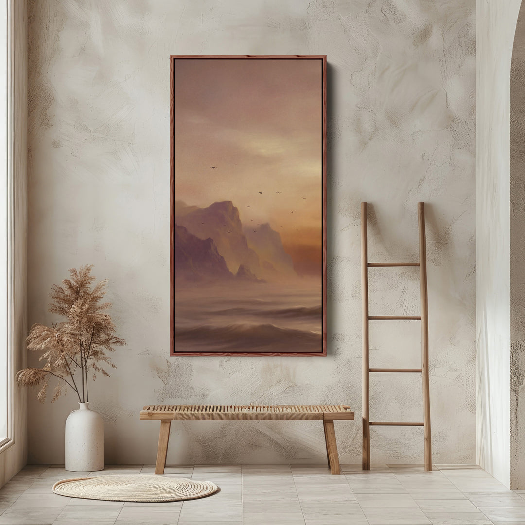 Misty Coastal Cliffs Birds Large Vertical Wall Art Framed Canvas Print For Bedroom