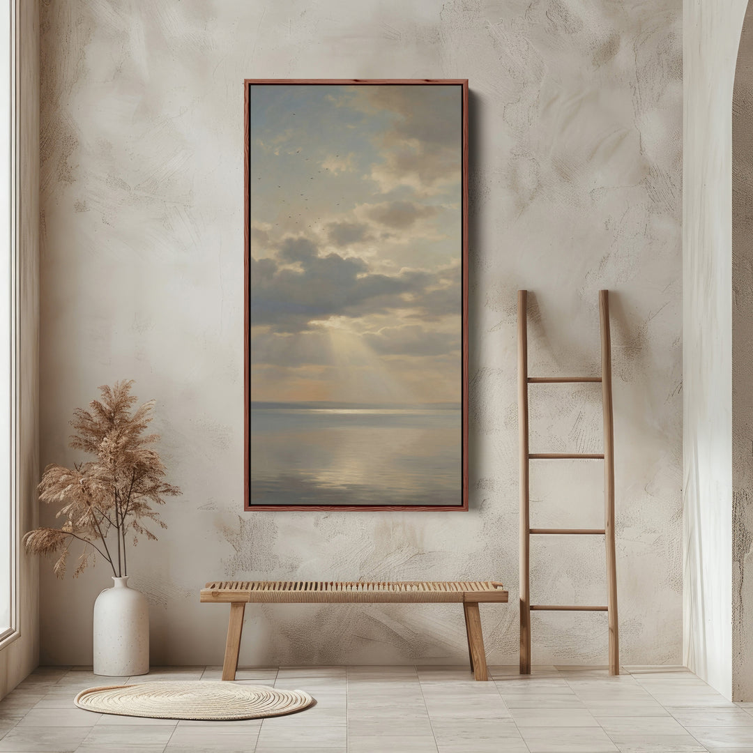 Tall Framed Canvas For Office Sun Rays Over Calm Sea Vertical Canvas