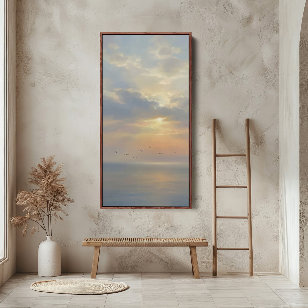 Vertical Wall Art Soft Sky Over Calm Sea Tall Canvas For Living Room