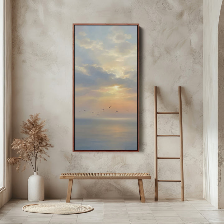 Vertical Wall Art Soft Sky Over Calm Sea Tall Canvas For Living Room