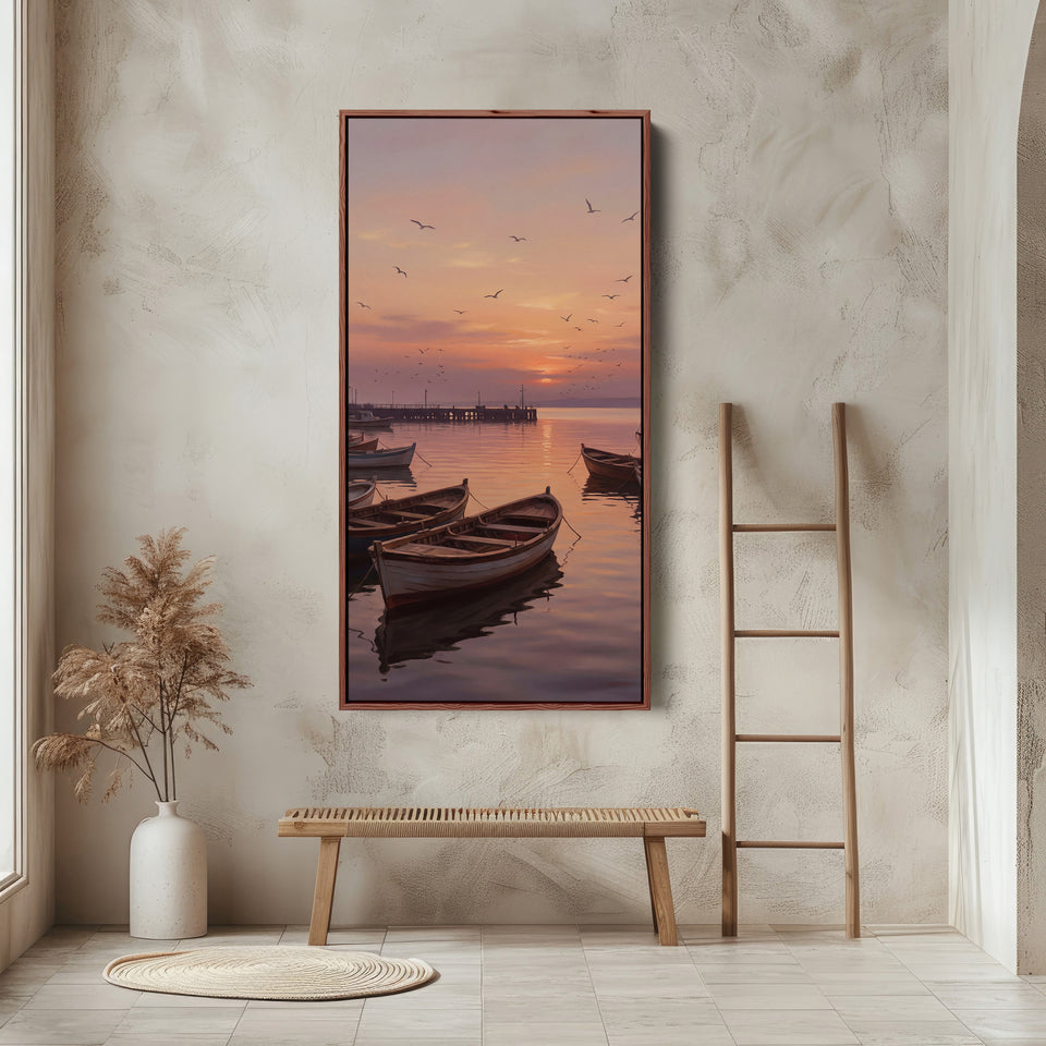 Boats Harbour Sunset Narrow Wall Art Framed Canvas Print For Bedroom