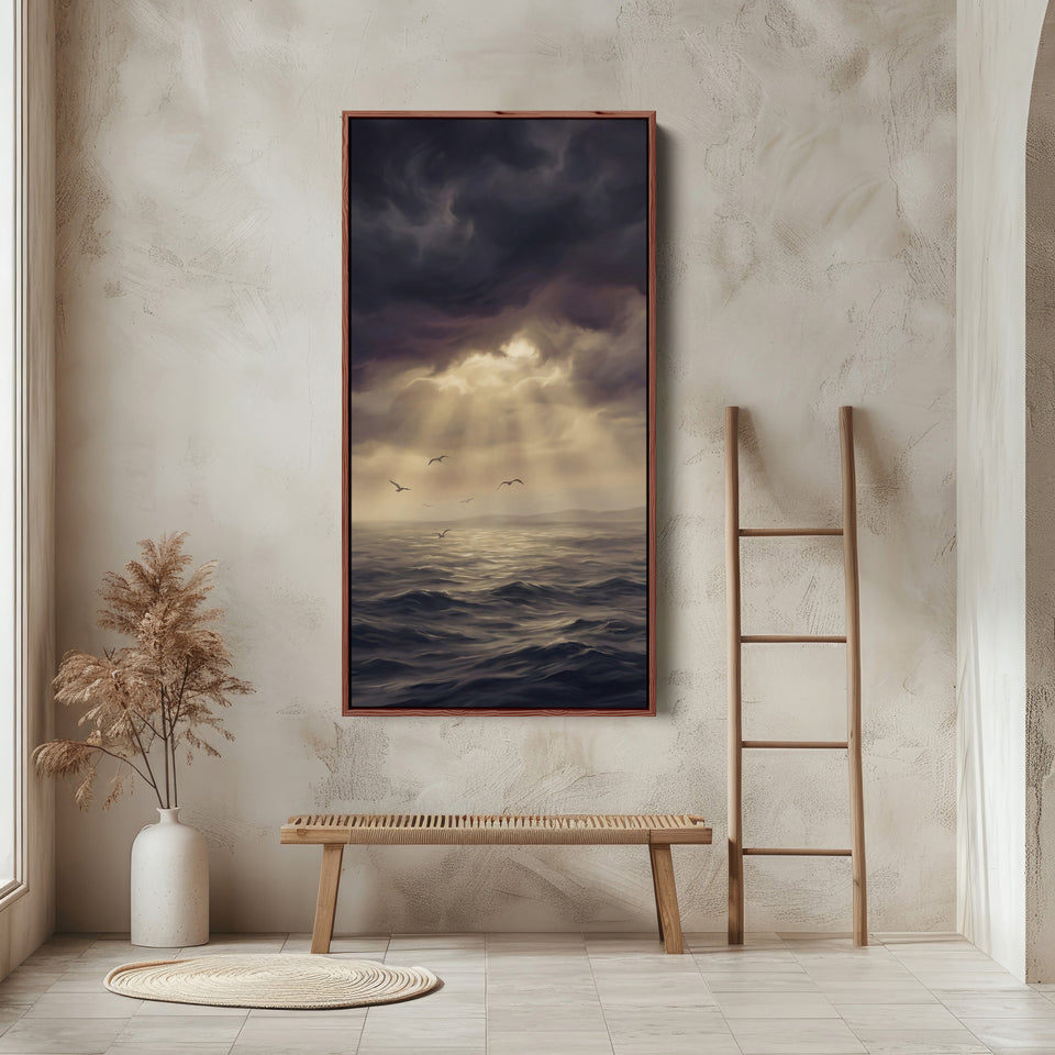 Tall Narrow Canvas For Office Storm Clouds Sunbeams Sea Vertical Canvas