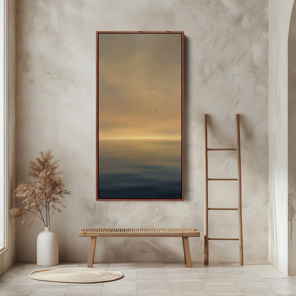 Large Vertical Wall Art Golden Hazy Seascape Birds Portrait Wall Art For Kitchen