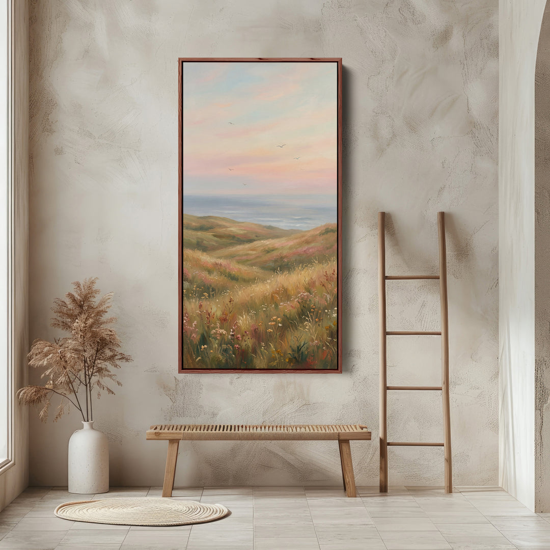 Portrait Wall Art Coastal Dunes Wildflowers Tall Canvas For Living Room