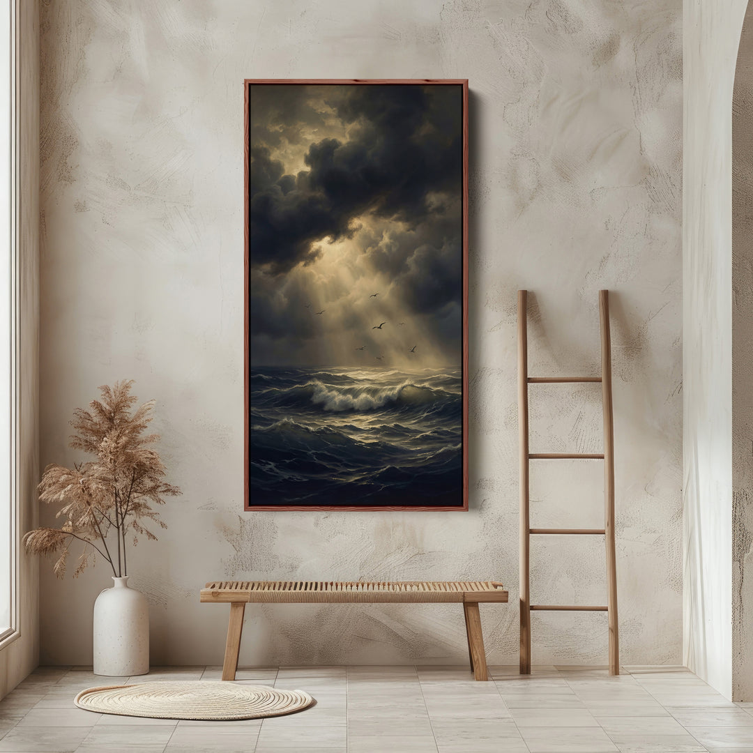 Dramatic Storm Ocean Sun Rays Tall Narrow Canvas Framed Canvas Print For Bedroom