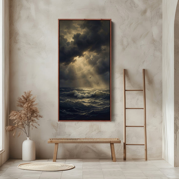 Dramatic Storm Ocean Sun Rays Tall Narrow Canvas Framed Canvas Print For Bedroom