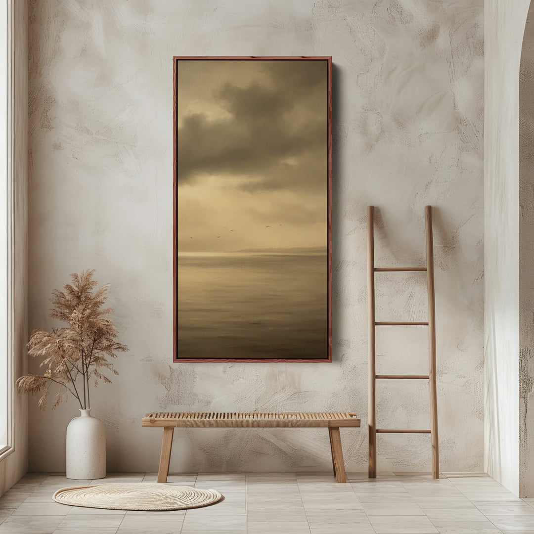 Tall Framed Canvas Muted Seascape With Birds Portrait Wall Art For Kitchen