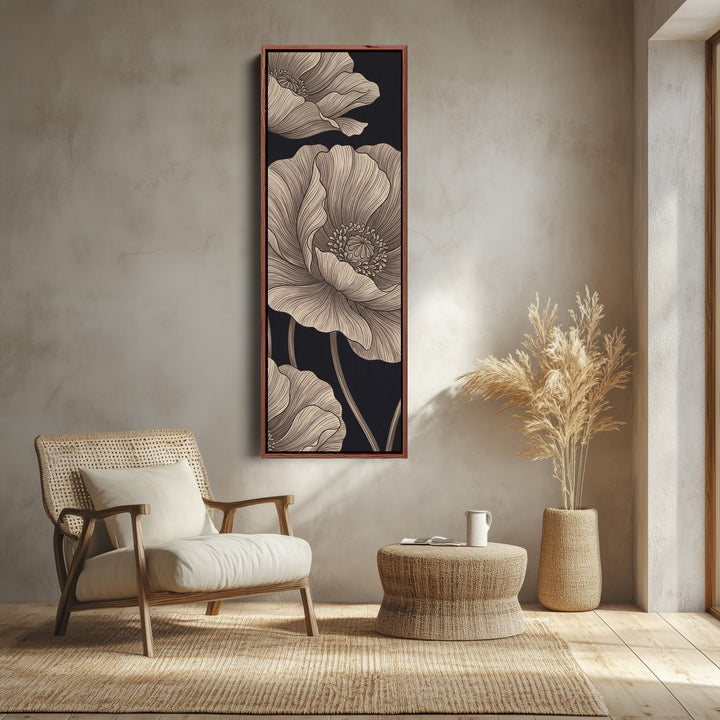 Vertical Wall Art Line Drawn Poppies on Black for Living Room canvas shown in a walnut frame
