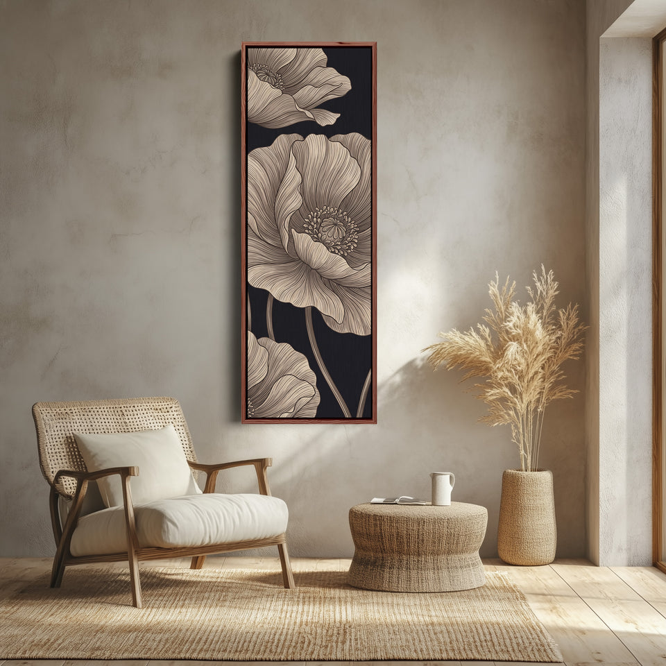 Vertical Wall Art Line Drawn Poppies on Black for Living Room canvas shown in a walnut frame