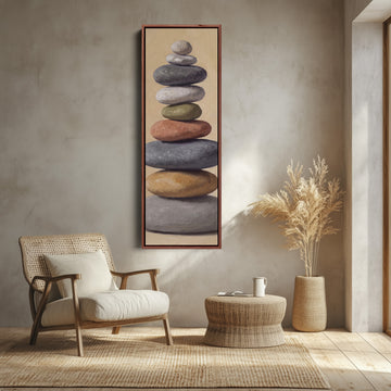 Stacked Stones Tall Wall Art for Bedroom Calm Neutral Canvas canvas shown in a walnut frame