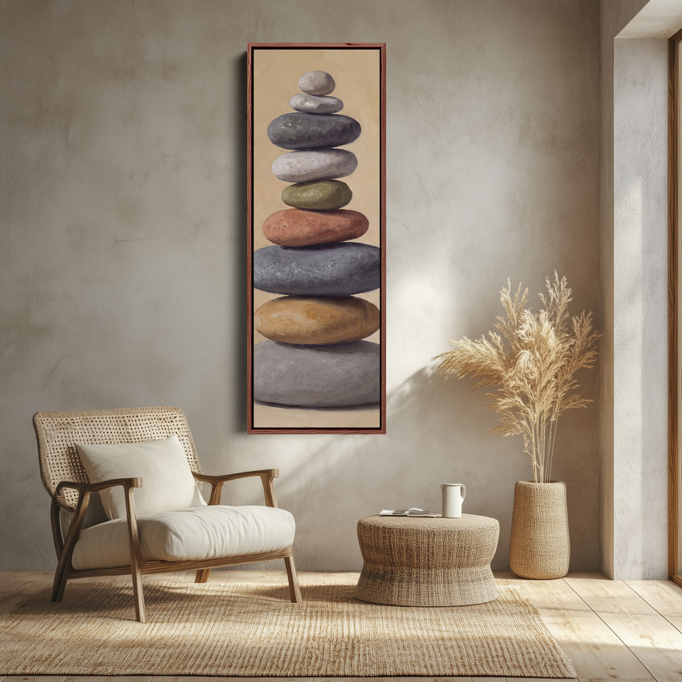 Stacked Stones Tall Wall Art for Bedroom Calm Neutral Canvas canvas shown in a walnut frame