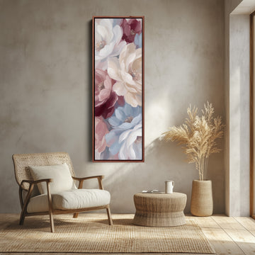 Soft Romantic Peonies Tall Narrow Wall Art for Bedroom canvas shown in a walnut frame