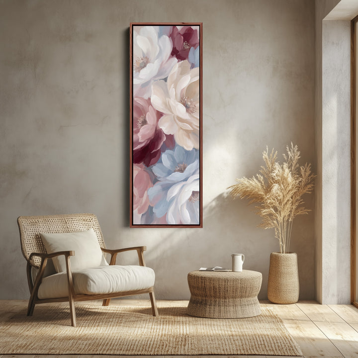 Soft Romantic Peonies Tall Narrow Wall Art for Bedroom canvas shown in a walnut frame