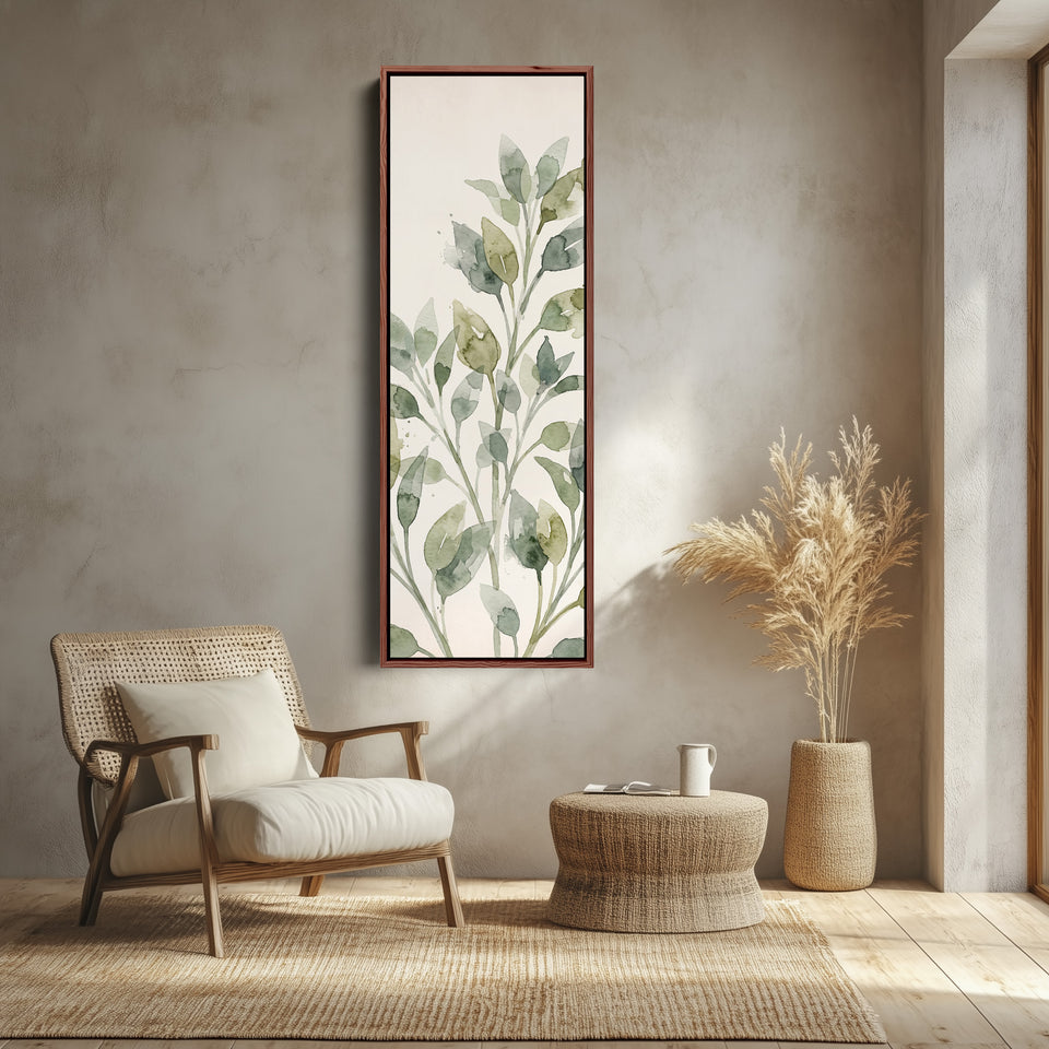Hallway Wall Art Long Narrow Watercolor Leaf Stems canvas shown in a walnut frame