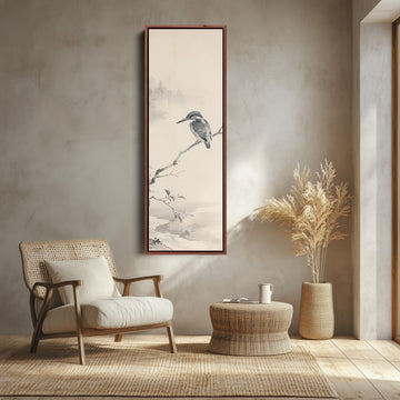 Tall Wall Art Kingfisher on a Branch Japanese Ink Style for Office canvas shown in a walnut frame