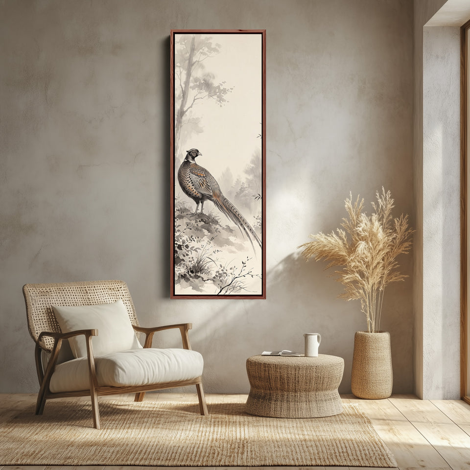 Pheasant in the Mist Vertical Wall Art Japanese Ink Style for Hallway canvas shown in a walnut frame