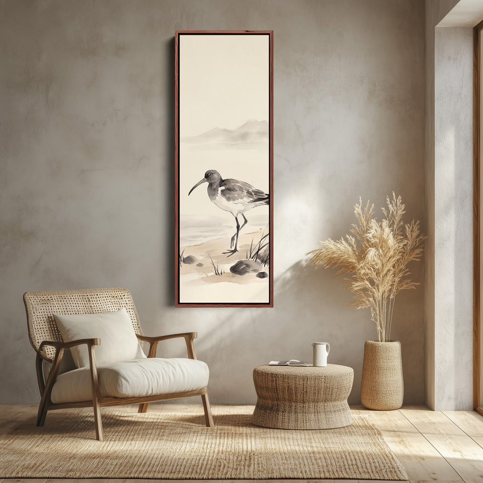 Quiet Coastal Curlew on the Shore Tall Narrow Wall Art for Bedroom canvas shown in a walnut frame