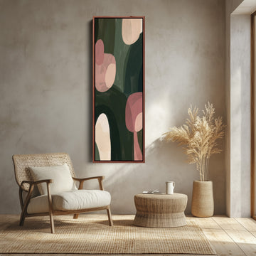 Living Room Wall Art Vertical Pink and Green Abstract Shapes canvas shown in a walnut frame