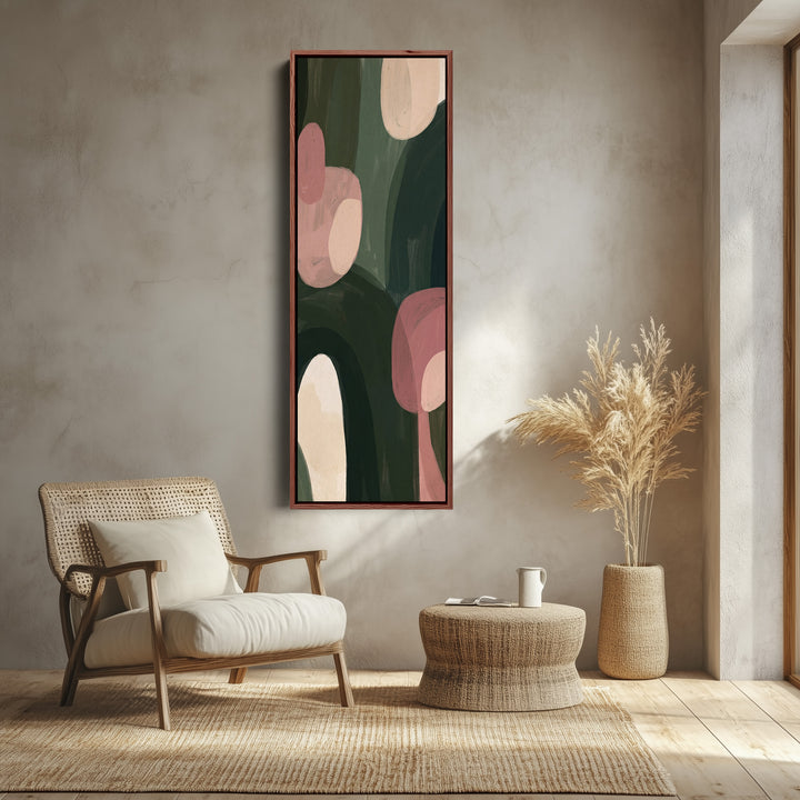 Living Room Wall Art Vertical Pink and Green Abstract Shapes canvas shown in a walnut frame