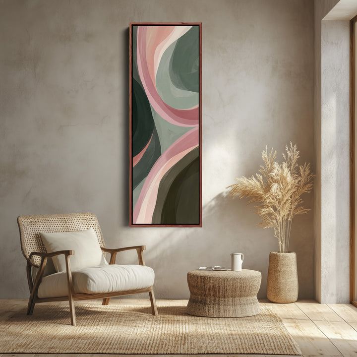 Tall Narrow Wall Art Flowing Pink and Sage Abstract Curves for Bedroom canvas shown in a walnut frame