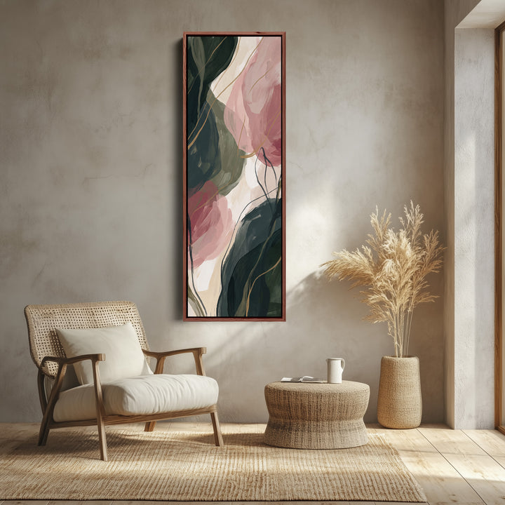 Blush Botanical Abstract Vertical Wall Art for Living Room canvas shown in a walnut frame