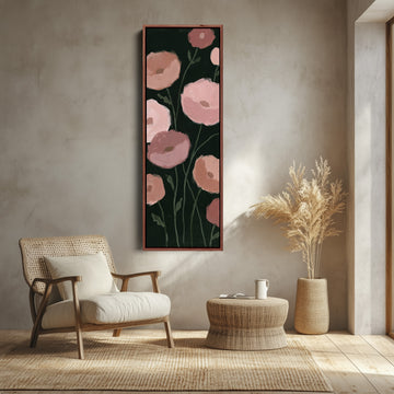 Moody Pink Poppies on Black Tall Wall Art for Dining Room canvas shown in a walnut frame