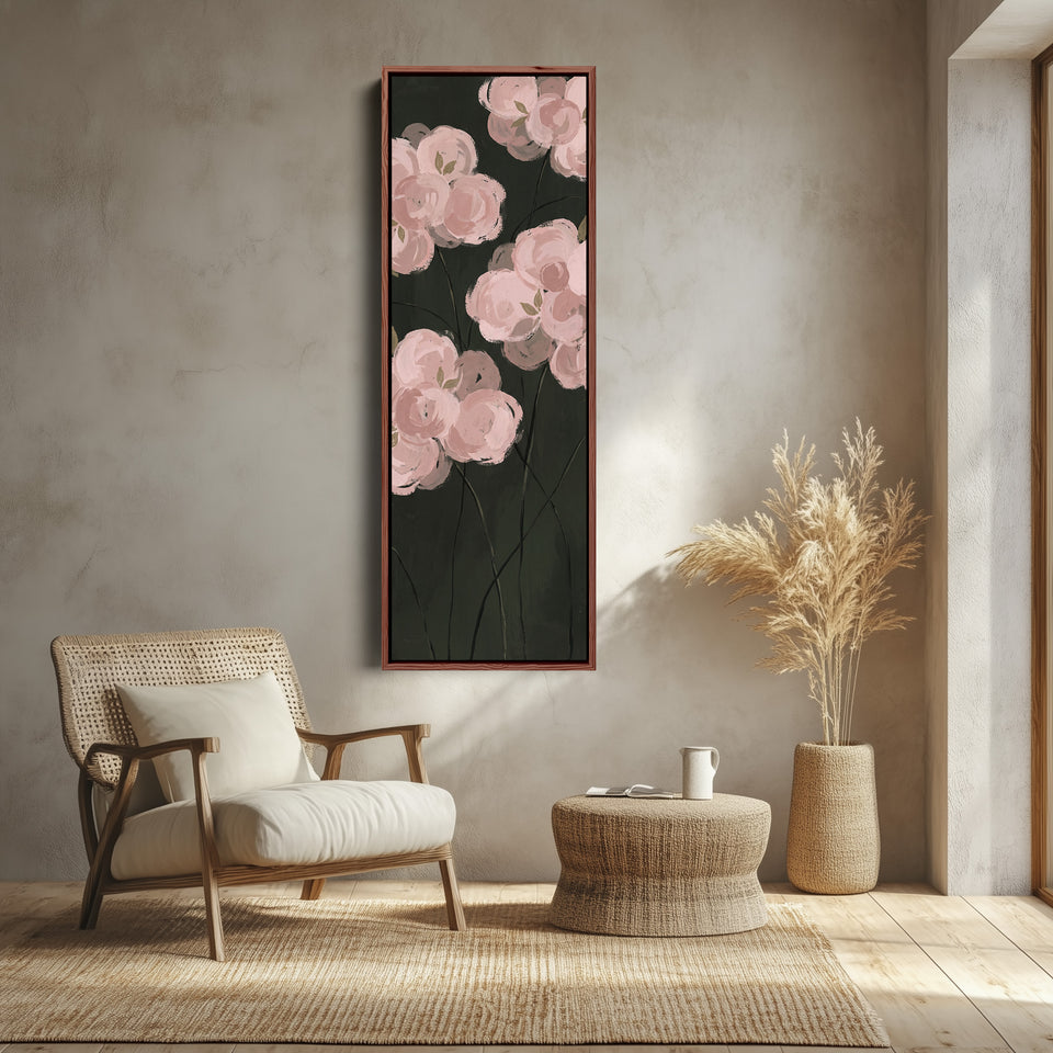 Bedroom Wall Art Tall Narrow Pink Roses on a Dark Background canvas shown in a walnut frame