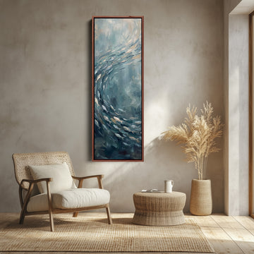 Vertical Wall Art Swirling Shoal of Fish Underwater for Hallway canvas shown in a walnut frame