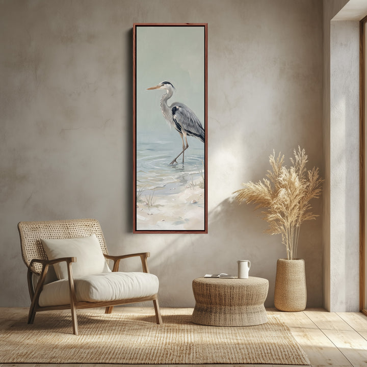 Grey Heron Wading Tall Wall Art Coastal Canvas for Living Room canvas shown in a walnut frame
