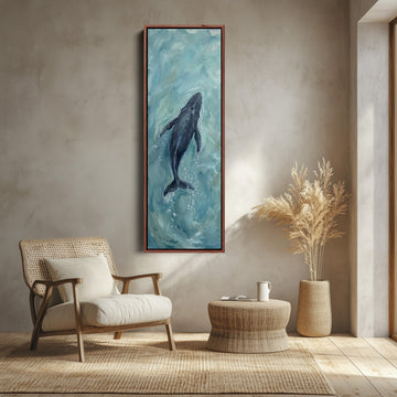 Deep Blue Ocean Diving Whale Long Narrow Wall Art for Bedroom canvas shown in a walnut frame