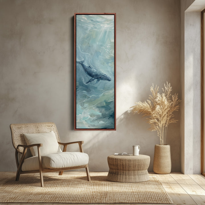 Office Wall Art Vertical Whale Swimming in Blue Green Water canvas shown in a walnut frame