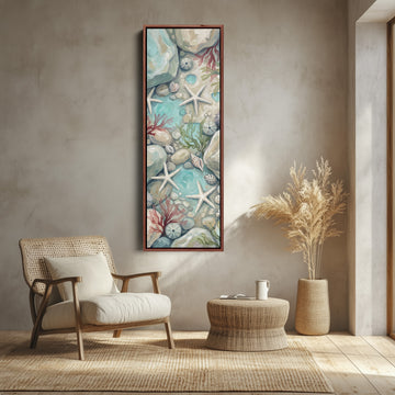 Tall Narrow Wall Art Rock Pool with Starfish and Shells for Hallway canvas shown in a walnut frame