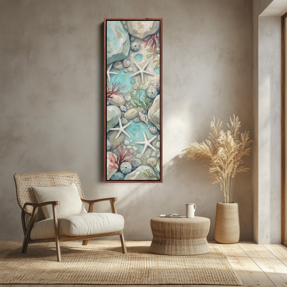 Tall Narrow Wall Art Rock Pool with Starfish and Shells for Hallway canvas shown in a walnut frame