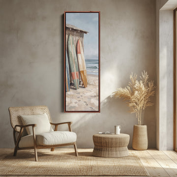 Surfboards by the Beach Shack Vertical Wall Art for Hallway canvas shown in a walnut frame