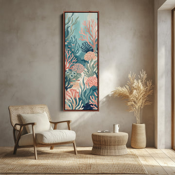 Colourful Underwater Coral Reef Tall Wall Art for Kids Room canvas shown in a walnut frame