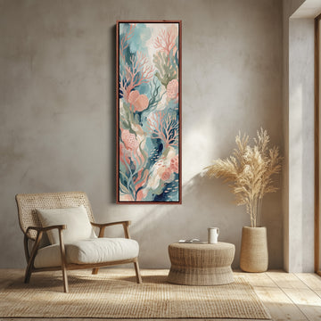 Bedroom Wall Art Tall Narrow Pastel Coral Reef Canvas canvas shown in a walnut frame