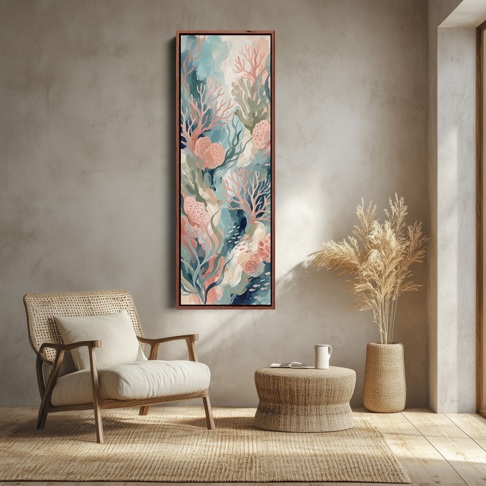 Bedroom Wall Art Tall Narrow Pastel Coral Reef Canvas canvas shown in a walnut frame