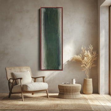 Vertical Wall Art Deep Green Colour Field Abstract for Office canvas shown in a walnut frame