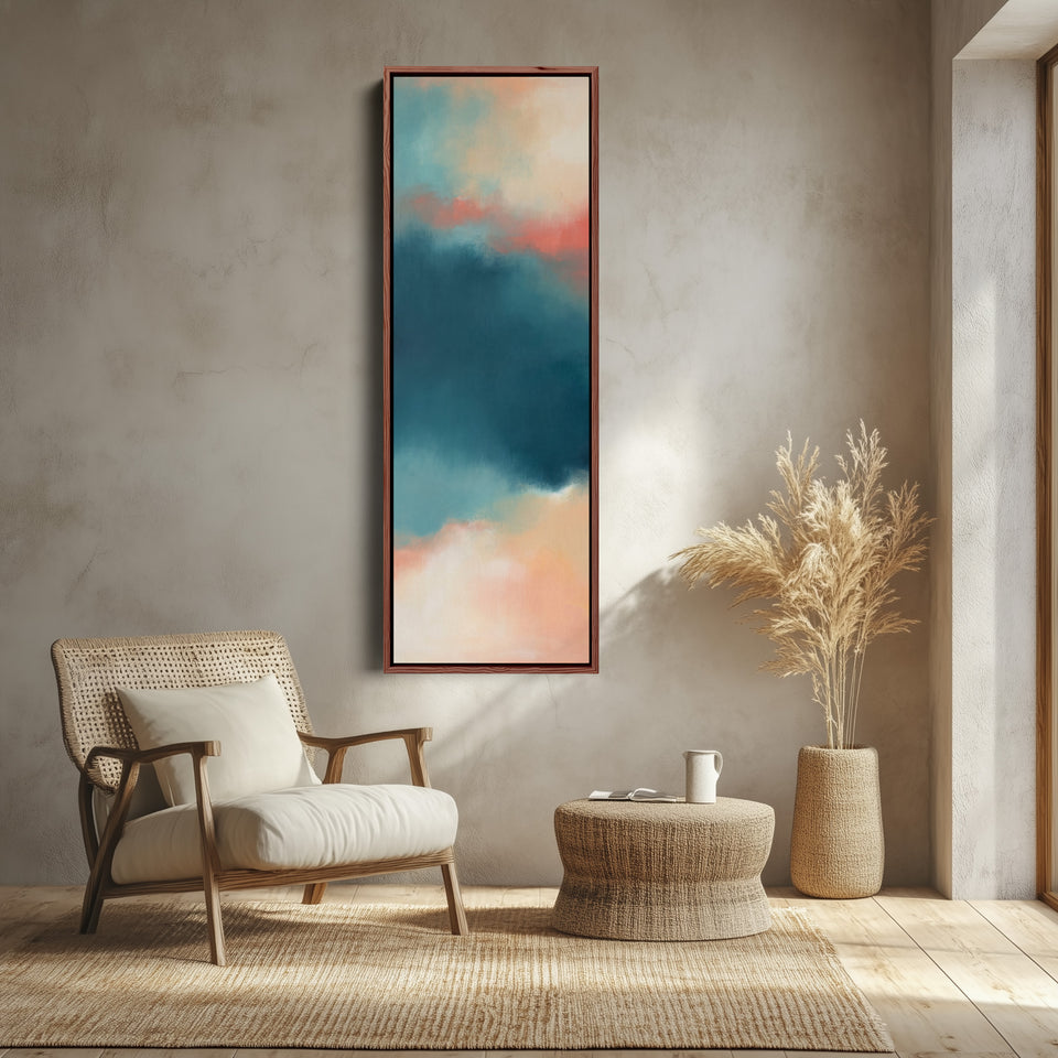 Teal Sky Colour Field Tall Wall Art for Living Room canvas shown in a walnut frame