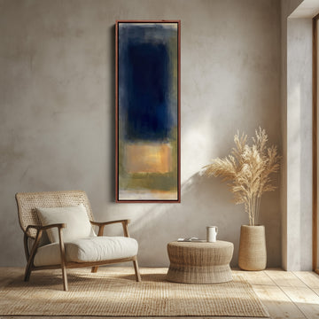 Moody Navy and Gold Colour Field Tall Narrow Wall Art for Office canvas shown in a walnut frame
