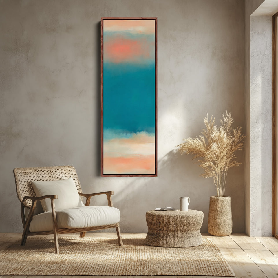 Hallway Wall Art Vertical Teal Sea Abstract with Peach Horizon canvas shown in a walnut frame