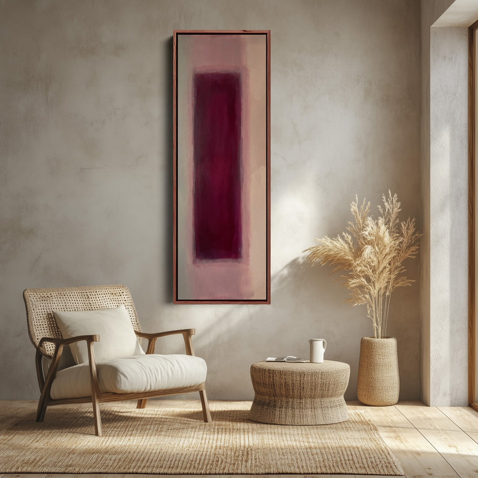 Tall Wall Art Burgundy Colour Field Abstract for Dining Room canvas shown in a walnut frame