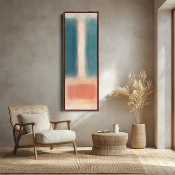Teal and Peach Abstract Tall Narrow Wall Art for Bedroom canvas shown in a walnut frame