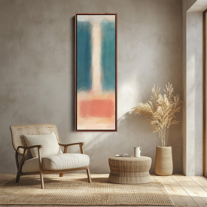 Teal and Peach Abstract Tall Narrow Wall Art for Bedroom canvas shown in a walnut frame