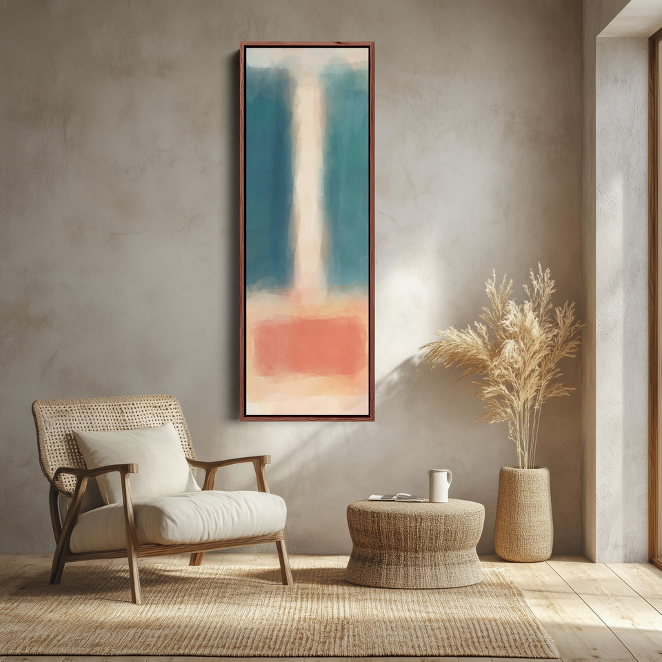 Teal and Peach Abstract Tall Narrow Wall Art for Bedroom canvas shown in a walnut frame